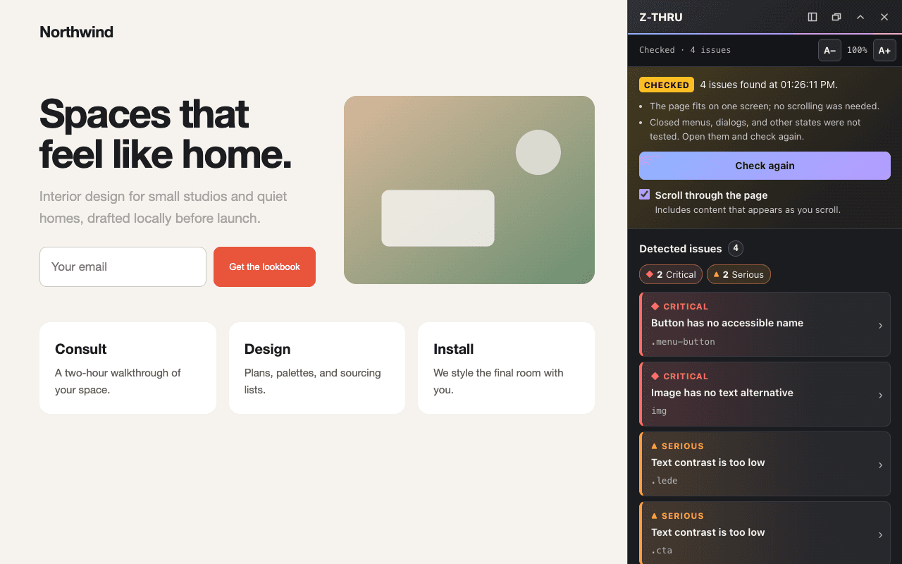 The Z-Thru inspector docked on the right of a sample interior design page called Northwind, after a check. It lists 4 detected issues, most severe first: 2 critical (a button with no accessible name, and an image with no text alternative) and 2 serious (text contrast too low on the intro paragraph and on the call-to-action button).